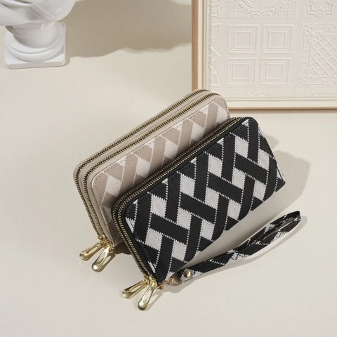 Women Double Zip Wallet Long PU Leather Clutch Phone Pocket Geometric Chevron Stripe Large Capacity Multiple Card Slots Wristlet