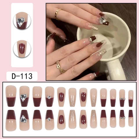 Long Coffin Press On Nails Burgundy Wine Red Heart Rhinestone Glitter Artificial Fake Fingernails For Women Girls Luxury