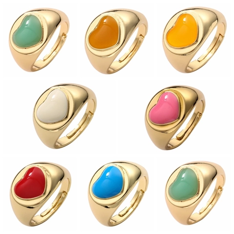 Bague Ouverte Ajustable Cœur Vintage Pour Femmes Cuivre Plaqué Or Émail Coloré Bijoux De Mode Doux