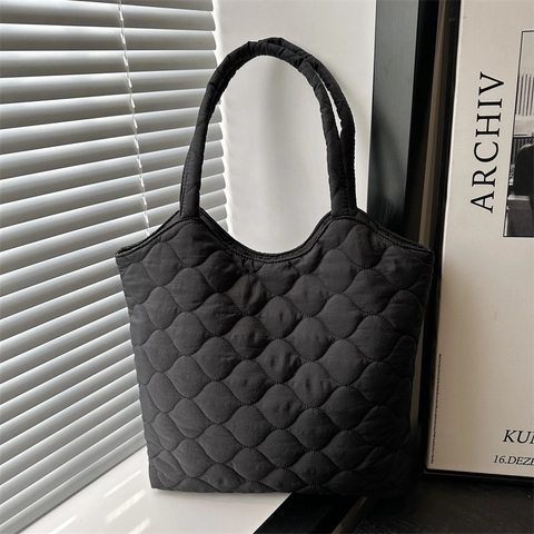 Bolso Tote de Nailon Acolchado para Mujer Gran Capacidad Minimalista Color Sólido Patrón de Rombos Bolso de Hombro Mullido para Viaje Diario Escuela Casual