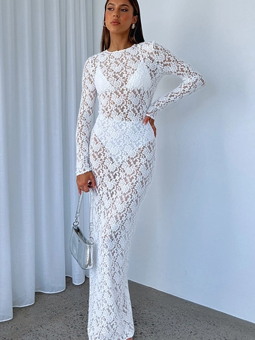 Sexy See Through Lace Maxi Dress Hollow Out Long Sleeve Round Neck Bodycon Slim Fit Flower Pattern Evening Party Women