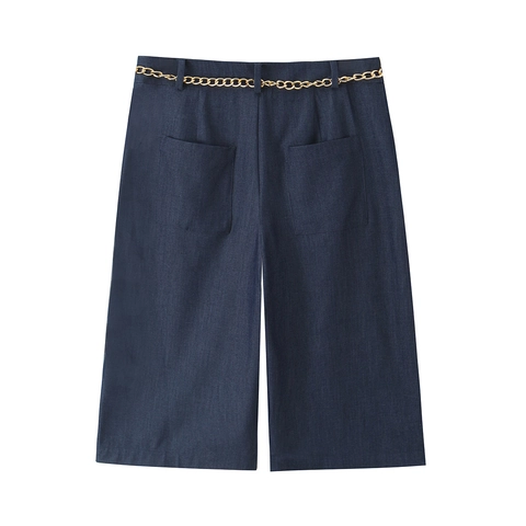 Damen Weites Bein Shorts Hohe Taille Dunkelblau Mit Goldener Metallkette Gürtel Lässig Büro Lady Culottes