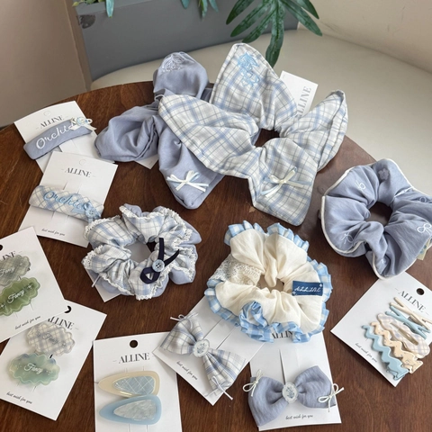 Pinces À Cheveux Et Chouchous En Tissu À Carreaux Bleus Avec Nœud En Dentelle Et Résine Style Doux Français Broderie Florale