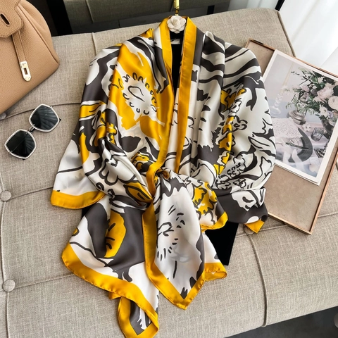 Foulard Long en Satin Imprimé Floral Élégant pour Femme Châle de Mode Léger Doux pour Printemps Été Resort