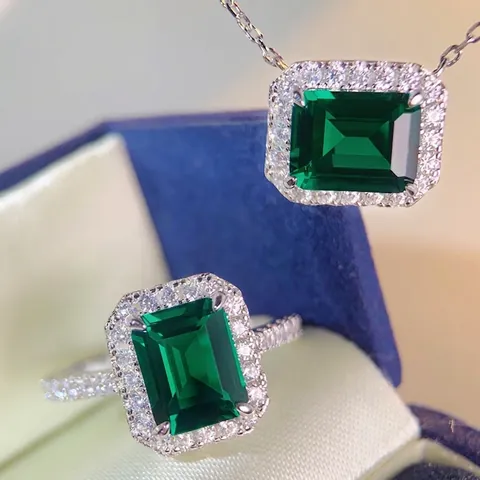 Collana Con Pendente In Argento Sterling 925 Zircone Verde Taglio Smeraldo Halo Quadrato Geometrico Gioielli Per Donna