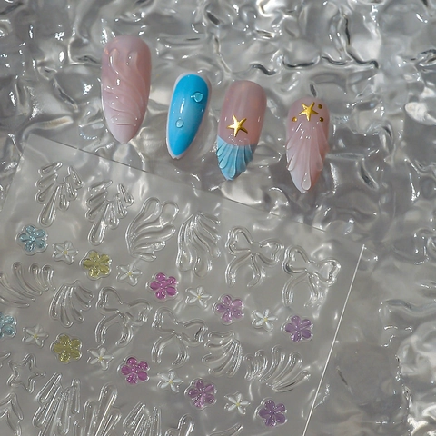 3D Relief Nail Art Stickers Embossed Flower Bowknot Shell Pattern Adhesive Manicure Decals DIY Decoration For Women