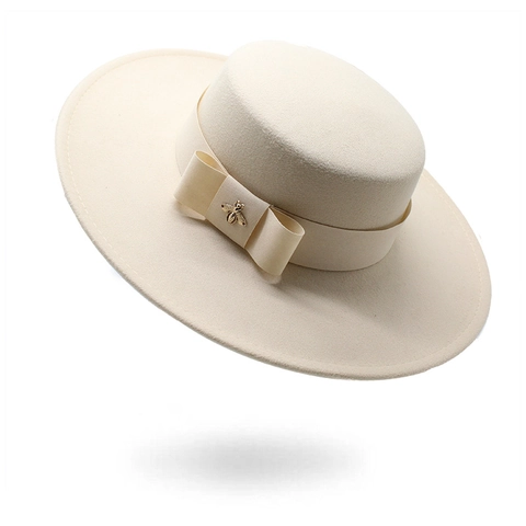 Boater Hat Flat Top Wide Brim Cotton Polyester Felt Ribbon Bow Gold Bee Ornament Vintage Elegant Fashion Women