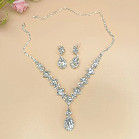 Luxe Legering Strass Traanvorm Ketting Oorbellen Sieraden Bruids Bruiloft Banket Feest Accessoire Traan Hanger Ketting Oorbellen