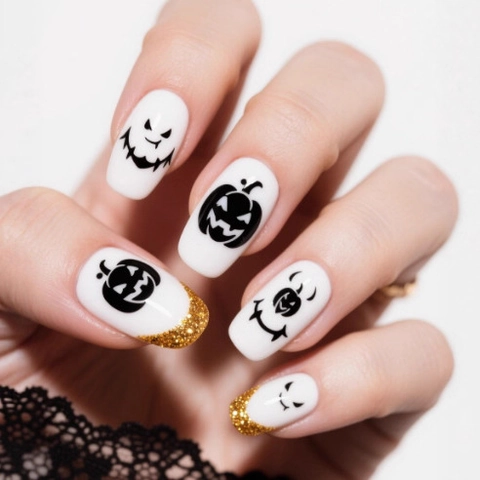 Halloween Pumpkin Devil Press On Nails Gold Glitter French Style White Square ABS Material Holiday Party Manicure Decoration