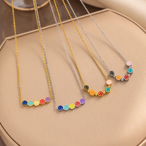 Collar Con Colgante De Cara Sonriente Acero Inoxidable Esmalte Arcoíris Colorido Minimalista Cadena De Clavícula Para Mujer