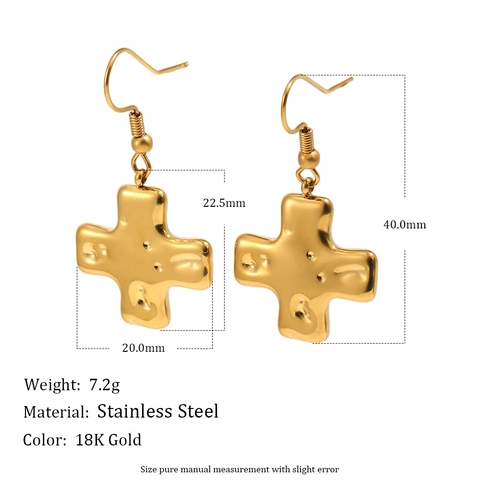 Pendientes Colgantes Cruz Textura Lava Fundida Irregular Acero Inoxidable Chapado Oro 18K Joyas De Moda Para Mujer
