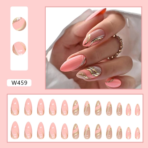 Press On Nails Almond Shape Barbie Pink Wave Pattern Gold Glitter White Lines Elegant Long False Nails For Women