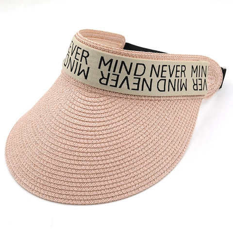Women Sun Visor Hat Wide Brim Paper Straw Empty Top UV Protection Beach Cap Adjustable Letter Ribbon Casual Style