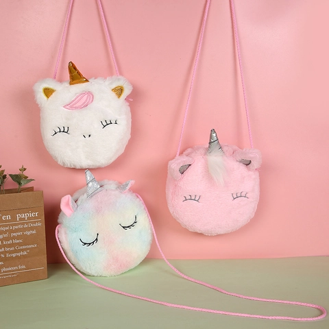 Cute Unicorn Plush Crossbody Bag For Girls Kawaii Faux Fur Kids Shoulder Purse With Rope Strap Lightweight Fashion Mini