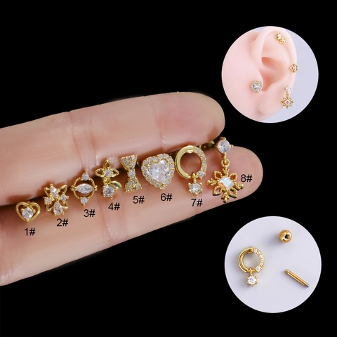 Knorpel Ohrstecker Edelstahl Zirkonia Kupfer Herz Schleife Piercing Schmuck Gewinde Kugelverschluss Stud Ohrringe