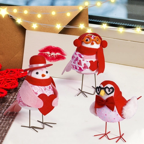Valentine's Day Cute Bird Figurine Decor Polyester Fabric Heart Glasses Scarf Ornament Desktop Bird Statue For Wedding Party Home Gift