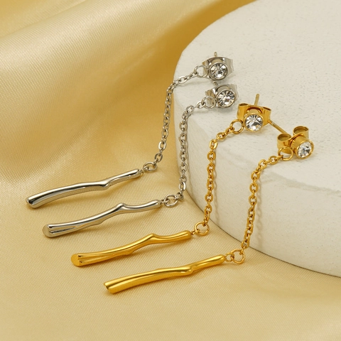 Orecchini Lunghi Con Nappa In Acciaio Inossidabile Placcati Oro 18K Forma Di Ramo Barra Ondulata Zircone Gioielli Per Donne