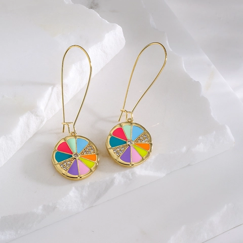 Bohemian Copper Drop Earrings Enamel Geometric Round Pendant Zircon Inlaid Vintage Ethnic Style Jewelry For Women