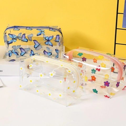 Transparente PVC Kosmetiktasche Wasserdicht Tragbar Reise Kulturbeutel Mit Reißverschluss Blumen Erdbeere Herz Muster