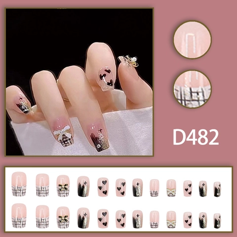 French Style Press On Nails With 3D Bowknot Heart Pattern Plaid Design Glitter Gradient Square Shape Elegant Artificial Fingernails