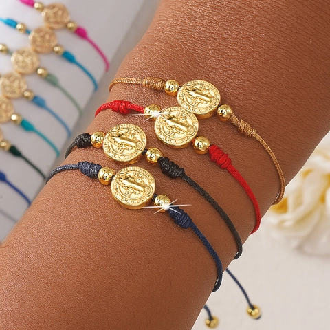 Saint Benedict Coin Woven Rope Bracelet Handmade Adjustable Religious Charm Jewelry For Women Men Vintage Style