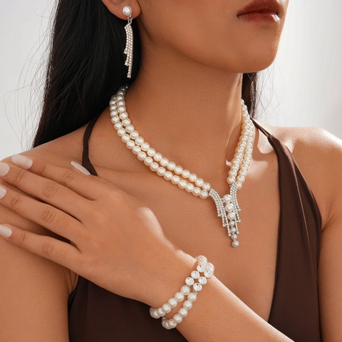 Joyas Elegantes Para Mujer Con Perlas Artificiales De Vidrio De Doble Capa Diamantes De Imitación Collier Pulsera Pendientes Con Borlas