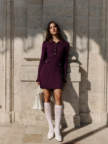 Abito Mini In Maglia Elegante Viola A Costine Colletto Polo Manica Lunga Finiture A Contrasto Decorazione Bottoni Slim Donna