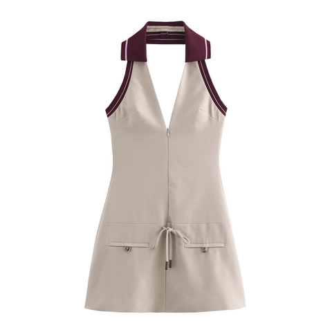Halter Mini Jurk Mouwloos Diepe V-Hals Geribbelde Contrast Trim Rugloos Preppy Stijl Khaki Polyester Elegant