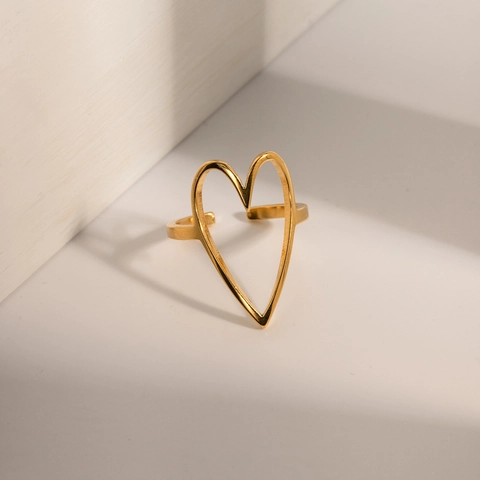Double Layer Hollow Heart Ring 18K Gold Plated Stainless Steel Adjustable Open Band Minimalist INS Style Jewelry For Women
