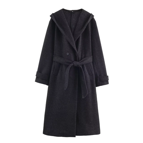 Dames Wollen Jas Met Capuchon Dubbele Rij Knopen Lange Trenchcoat Met Riem Casual Effen Kleur Elegant Herfst Winter Bovenkleding