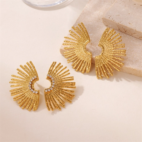 Stainless Steel Sunburst Earrings For Women Hammered Gold Fan Shape Geometric Trendy Exaggerated Jewelry With Zircon