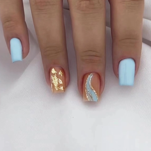 European Square Head Press On Nails With Gold Foil Eggshell Pattern And Water Ripple Design Glossy Finish For Women