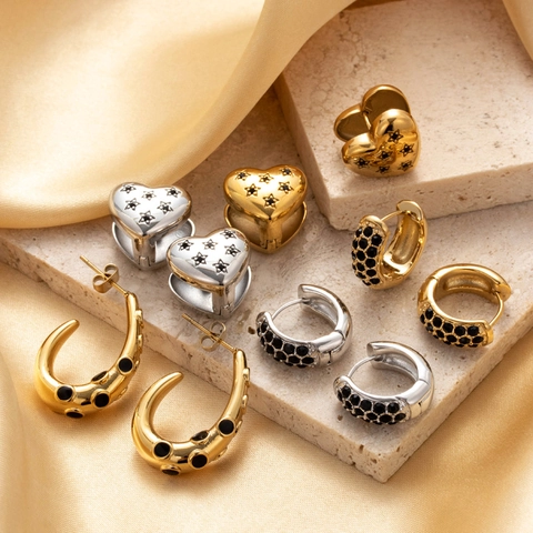 Titanium Steel Rhinestone Earrings For Women Gold Silver Heart Star Pattern Round C-Shaped Hoop Earrings Minimalist Jewelry