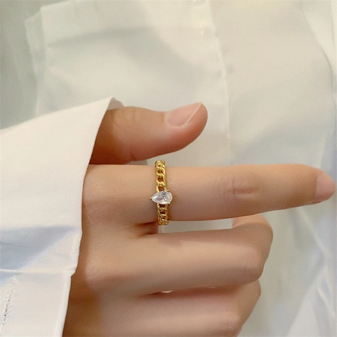 Fashion Zircon Ring Titanium Steel 18K Gold Plated Chain Link Texture Square Pear Marquise Geometric Jewelry For Women