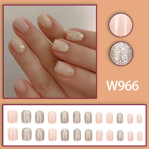 Press On Nägel Kurz Quadratisch Rosa Glitzer Silber Pailletten Full Cover Abnehmbar Süßer Französischer Stil Frauen