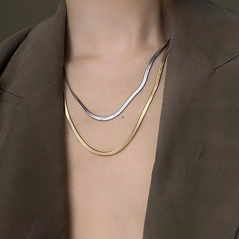 Minimalist Herringbone Snake Chain Necklace Gold Plated Stainless Steel Flat Blade Choker Layered Stacking Jewelry For Women