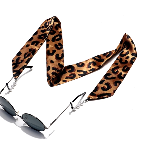 Leopard Print Ribbon Eyeglass Chain Satin Satin Sunglasses Cord With Faux Artificial Pearl Decorative Anti-slip Strap Holder
