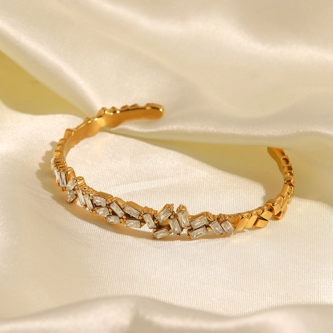 Bracciale Rigido Elegante In Acciaio Inossidabile Dorato Con Strass Rettangolari Gioiello Di Moda Geometrico Minimalista Per Donna