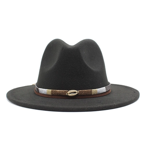 Wide Brim Fedora Hat Cotton Polyester Felt Jazz Cap With Decorative Belt And Metal Shell Ethnic Retro Style For Adult