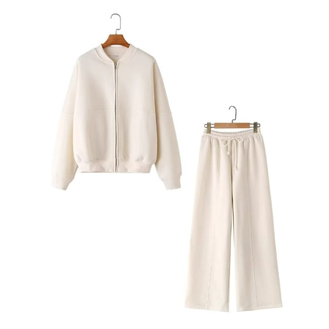 Completo Sportivo Casual Donna Giacca E Pantaloni Gamba Larga Vita Alta Foderati In Pile Caldo Autunno Con Cerniera