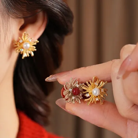 Retro Bloem Oorknopjes Legering Zirkonia Hars Kunstparel Met Zilveren Oorsteker Elegant Rood Goud Stijl Voor Dames