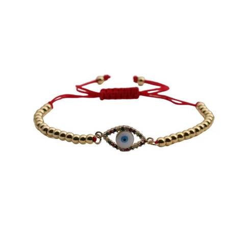 Evil Eye Armband Kupfer Vergoldet Zirkonia Nazar Schutz Verstellbar Rot Schwarz Seil Böhmischer Schmuck Damen