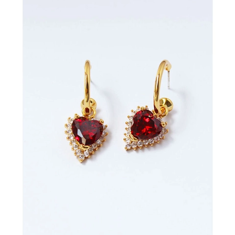 Orecchini a Cuore Rosso in Stile Vintage Francese Con Perno in Argento Sterling 925 Ottone Placcato Oro Zirconia Gioielli Donna