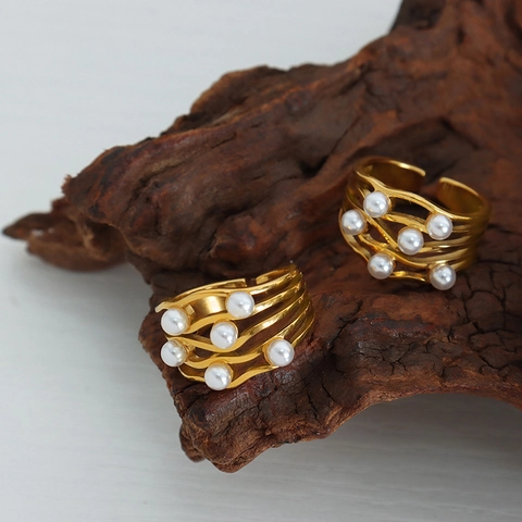 Anello Vintage Francese Multistrato Ondulato In Acciaio Al Titanio Elegante Perla Artificial Imitazione Incrociata Aperta Regolabile Donna