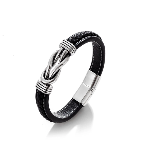 Bracelet En Cuir Tressé Pour Hommes Avec Nœud En Acier Inoxydable Fermoir Magnétique Bijoux