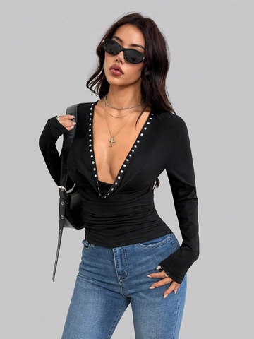 Women Sexy Deep V Neck Long Sleeve Top Ruched Slim Fit T-Shirt With Silver Rivets Metallic Studded Solid Color Clubwear