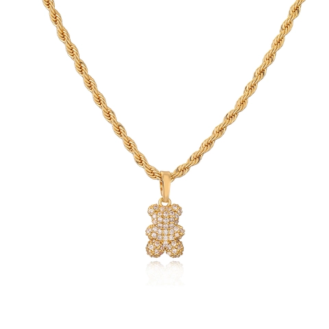 Süßer Teddybär Zirkon Eingelegter Kupfer Halskette Ohrringe Verstellbarer Ring Schmuck Für Damen Mädchen