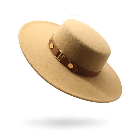 Women Retro Flat Top Boater Hat Wool Felt Wide Brim With Leather Belt Buckle Elegant British Style