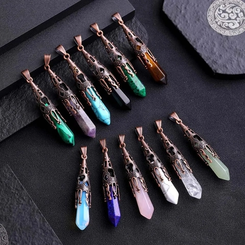 Natural Gemstone Hexagonal Crystal Pendant Necklace Vintage Filigree Hollow Alloy Cap Mystical Dowsing Pendulum Jewelry