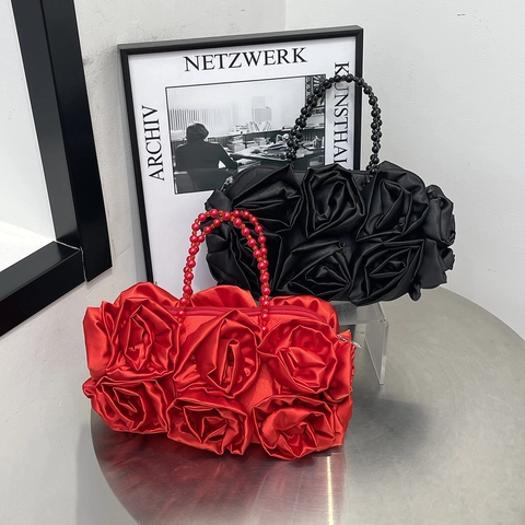 Damen Satin 3D Rosenblüte Abendtasche Mit Perlen Griff Retro Süße Party Bankett Clutch Damen